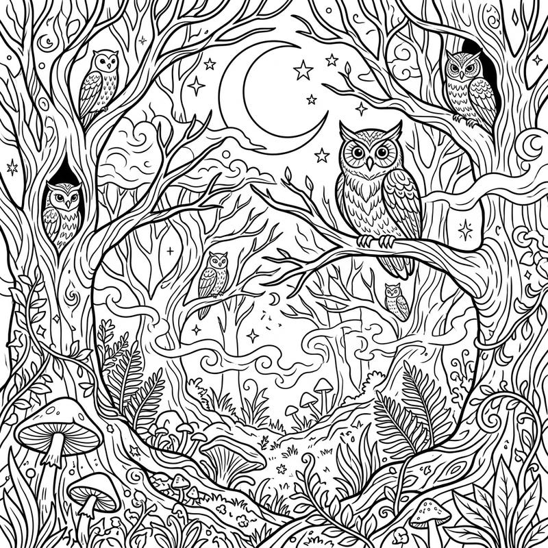Immerse yourself in the serene beauty of a mystical night forest, where wise owls watch over a foggy, star-lit scene. This intricate coloring page invites you to explore a dreamlike woodland world under the glow of the moon.