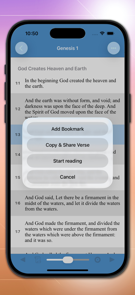 Bible-Simple Bible - Simple Bible app showing Genesis chapter 1 with a verse action menu overlaying the text