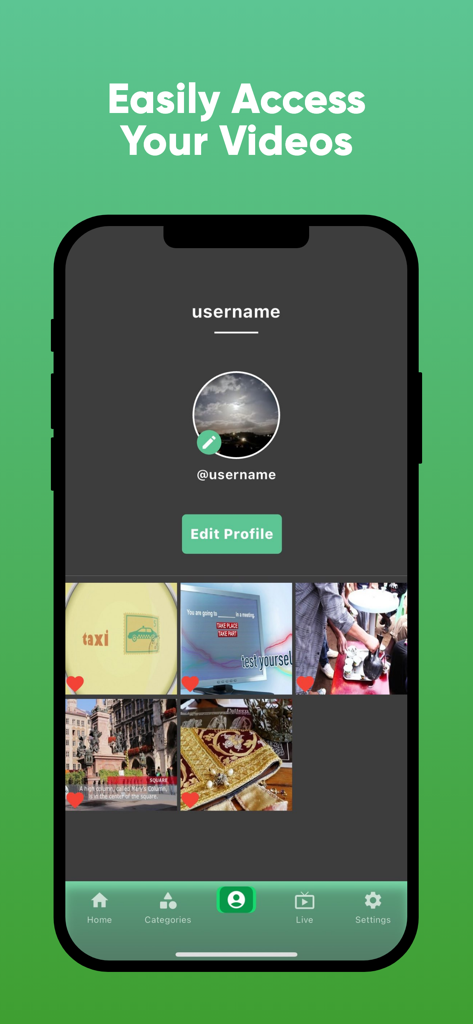 Amazing Videos Pro - Unlimited - User profile screen in the Amazing Videos Pro app displaying saved video thumbnails and settings