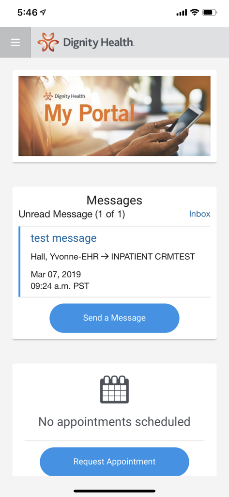 Dignity Health My Portal app dashboard displaying patient messages and appointment scheduling options