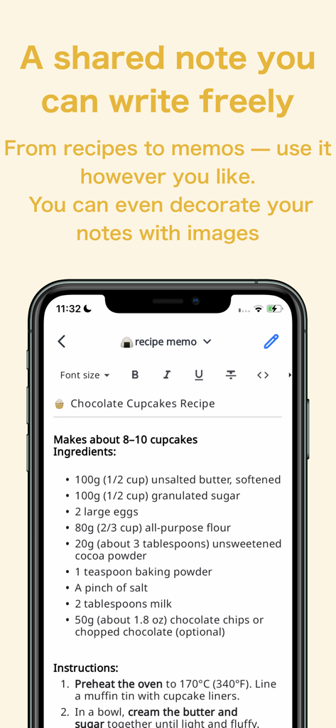 ienon:Family&Couples Organizer - Interface of the ienon app showing a shared recipe note for chocolate cupcakes