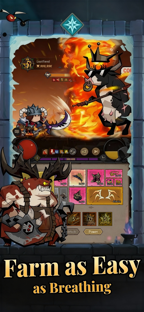 A gameplay screenshot of Lootfiend Idle Dungeons showing a battle scene and a character gear inventory with the text Farm as Easy as Breathing.