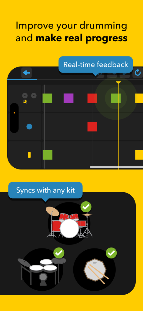 Melodics: Drum Lessons App - Interfaz de la aplicación de lecciones de batería Melodics que muestra retroalimentación en tiempo real y compatibilidad con baterías acústicas, electrónicas y pads de práctica.