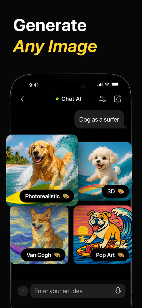Chat AI Plus - Pantalla de la aplicación móvil que muestra la generación de imágenes IA de un perro surfeando en diferentes estilos artísticos