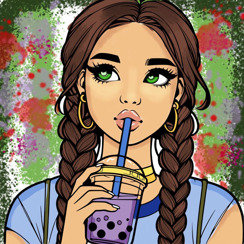 realistic girl with braided hair drinking boba