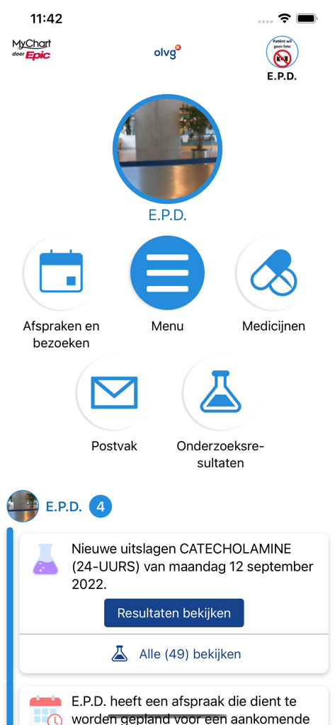 MijnOLVG app dashboard featuring healthcare icons for appointments medications messages and test results