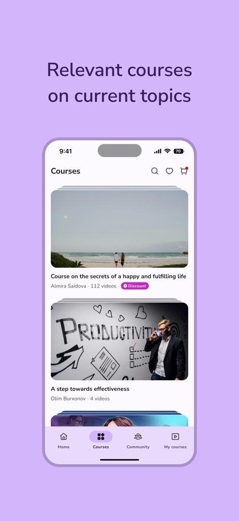 Amoria - Pantalla de cursos educativos de la aplicación Amoria que muestra cursos en video sobre diversos temas de estilo de vida y productividad