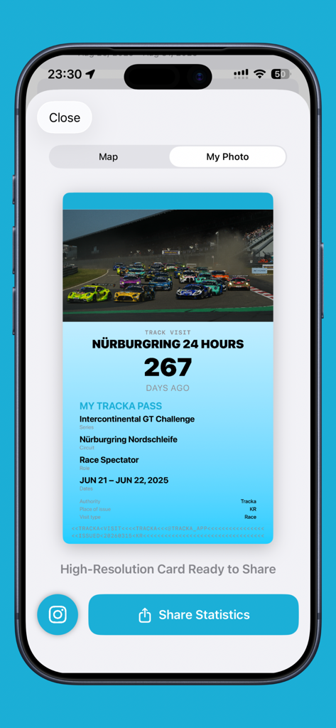 Tracka - Motorsport Visit Log - Digital motorsport visit pass for Nurburgring 24 Hours event in Tracka app