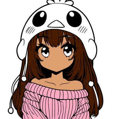 anime girl with chick shaped hat with sweater with bare shoulders with bangs covering them one eye with low tail