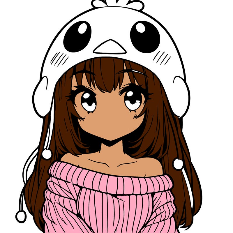 anime girl with chick shaped hat with sweater with bare shoulders with bangs covering them one eye with low tail