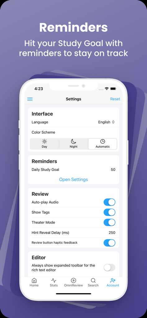 AlgoApp Flashcards - AlgoApp Flashcards settings screen showing study goal reminders