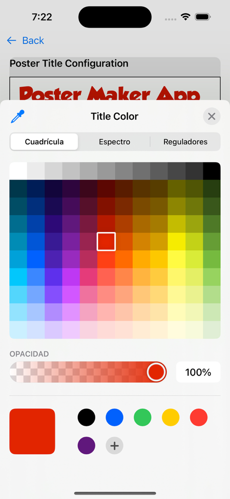 Poster Maker, Flyer design - Oberfläche der Poster Maker App mit einem Farbwählerwerkzeug zur Anpassung der Titelfarbe mit einem vollständigen Farbraster und einem Transparenzregler.