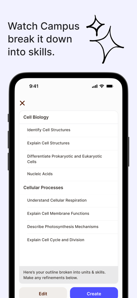 Campus - AI Learning Companion - Smartphone screen showing the Campus AI app breaking down a biology lesson into specific study skills.