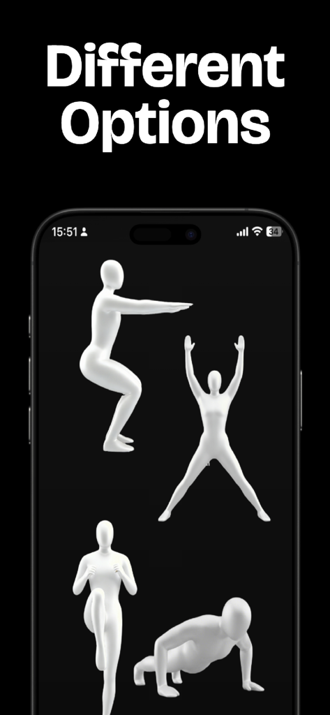 Reptime:App Blocker & Exercise - A smartphone screen showing different exercise options like squats, jumping jacks, and pushups in the Reptime app.