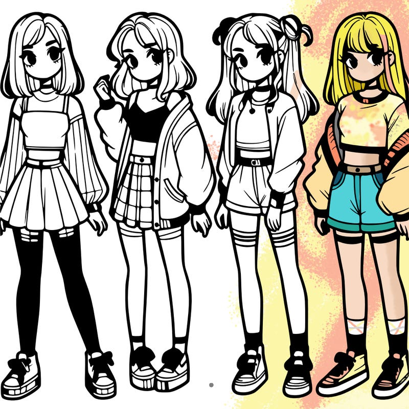 one girl with crop-top shirt and a jacket with a skirt, long socks and another girl with a shirt and pants with a jacket