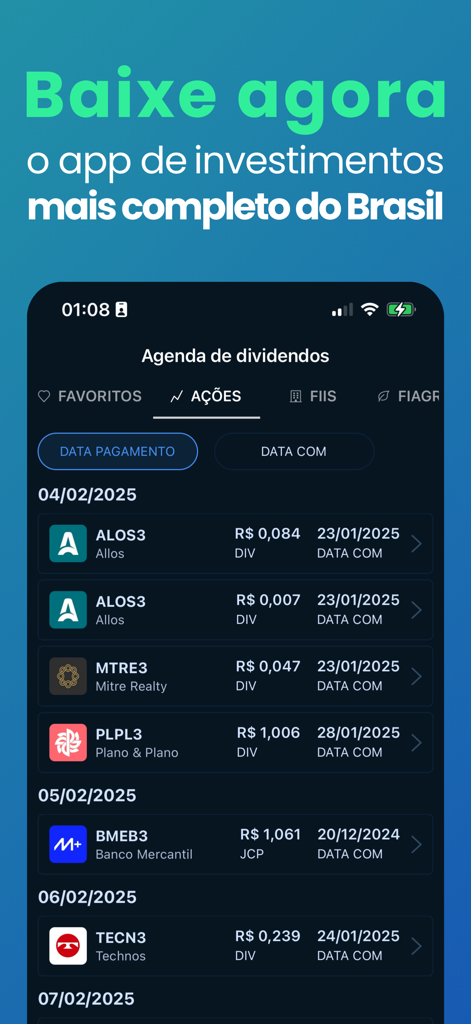 Análise de Ações - Écran de smartphone montrant un calendrier des dividendes pour les actions brésiliennes avec les dates et montants de paiement