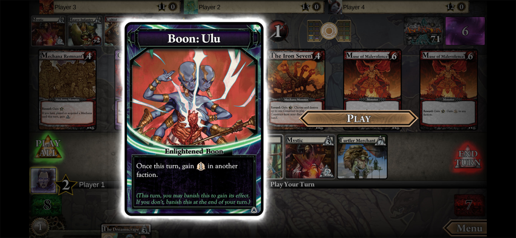 Ascension: Deckbuilding Game - Gameplay screenshot of Ascension Deckbuilding Game showing the highlighted Enlightened Boon card named Ulu
