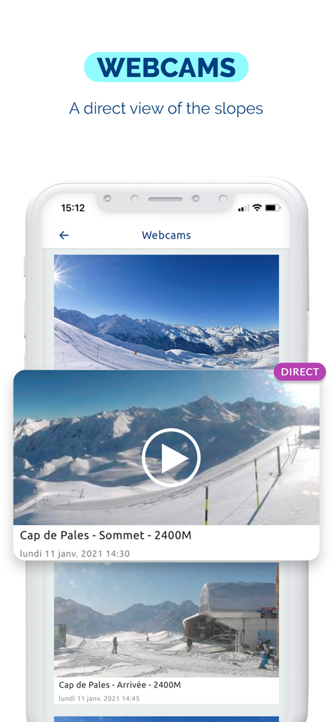 NPY app interface showing live webcam feeds of mountain ski slopes