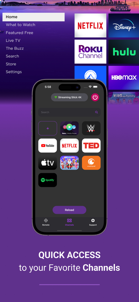 Ruku Tv remote onn control tcl - Roku TV remote app interface on an iPhone showing quick access to favorite streaming channels like Netflix and YouTube