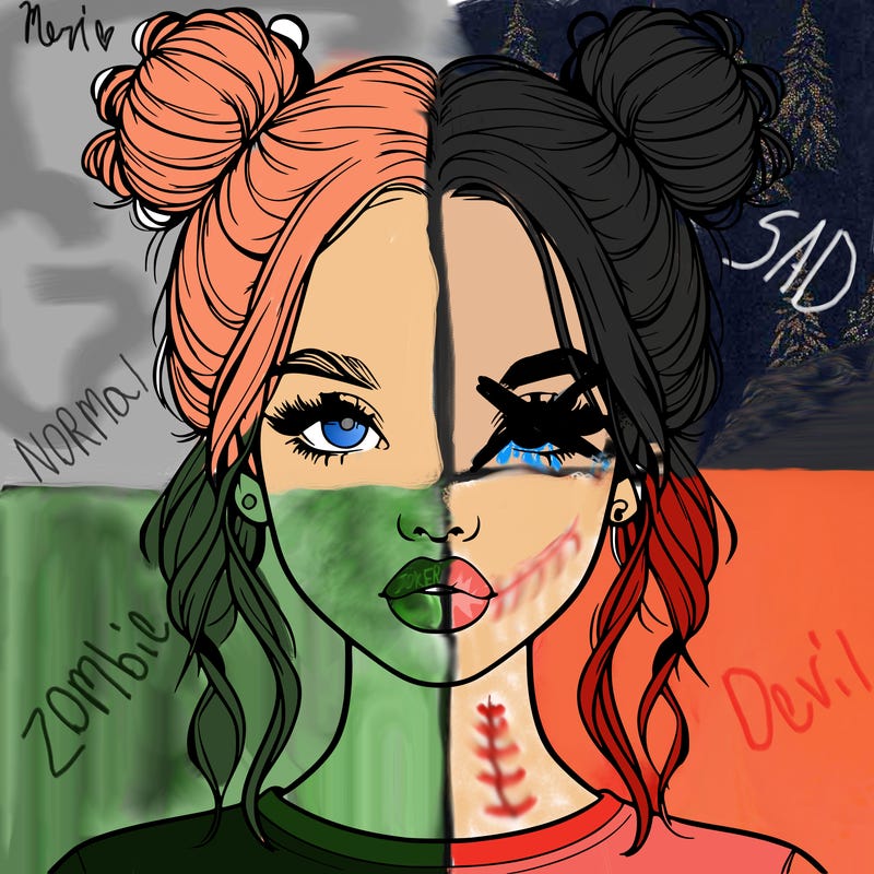 realistic girl with two buns in hair and lips