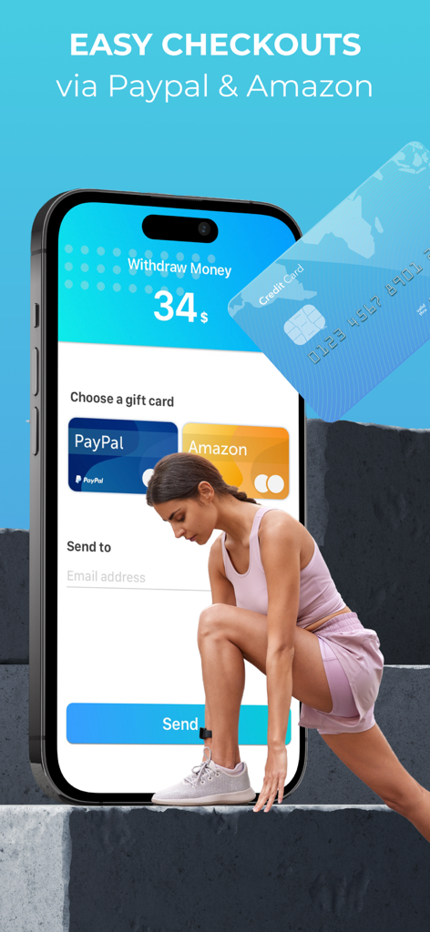 Cash for Steps: Make Money - Interfaz de la aplicación Dinero por Pasos que muestra opciones de retiro de PayPal y tarjetas de regalo de Amazon.