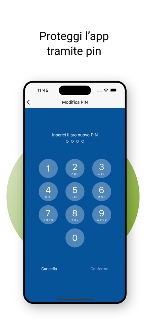 Interfaz de la app Libero Mail para configurar un PIN de seguridad con un teclado numérico