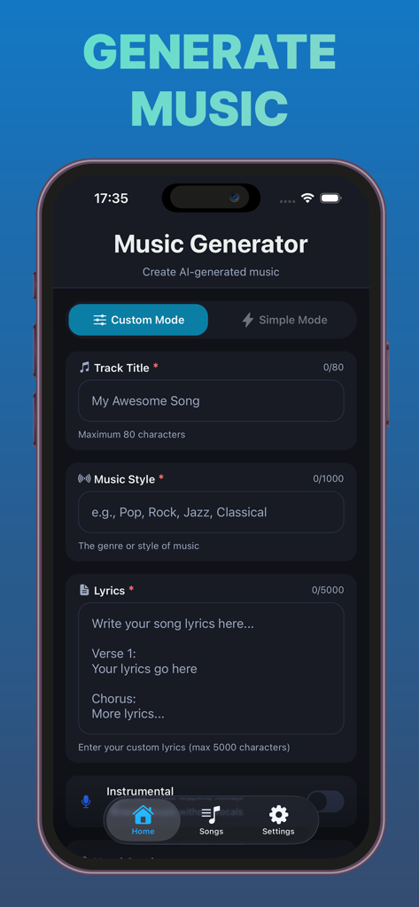 Pantalla del modo personalizado del creador de música con IA que muestra los campos de creación de canciones para título, estilo y letras