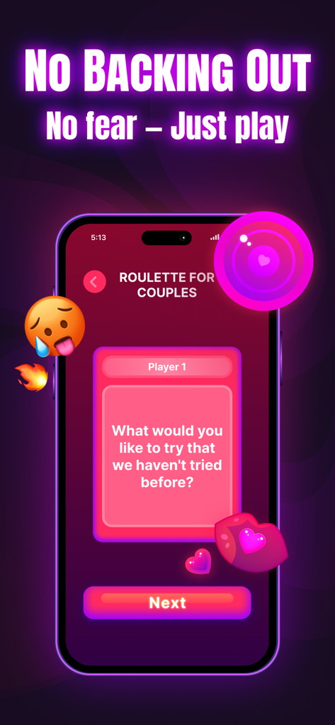 Love roulette - couple - Écran d'application mobile pour Love roulette montrant une carte de conversation relationnelle avec du texte néon et des emojis.