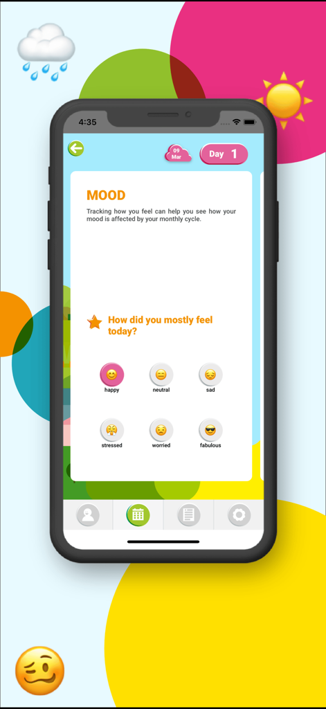 Oky Period Tracker - Interface of Oky Period Tracker app showing daily mood selection with various emojis