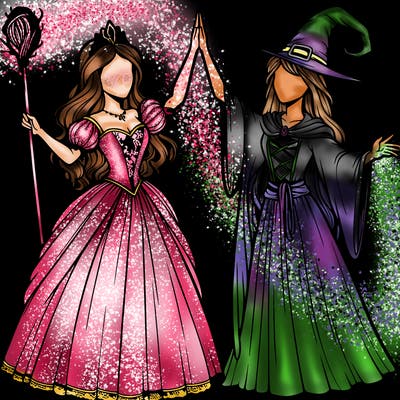 detailed realistic split of a princess and a witch