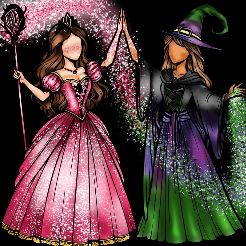 detailed realistic split of a princess and a witch