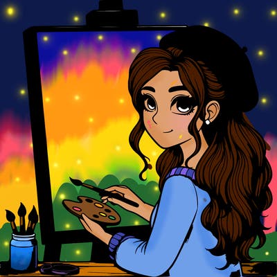 realistic girl artist painting a blank canvas