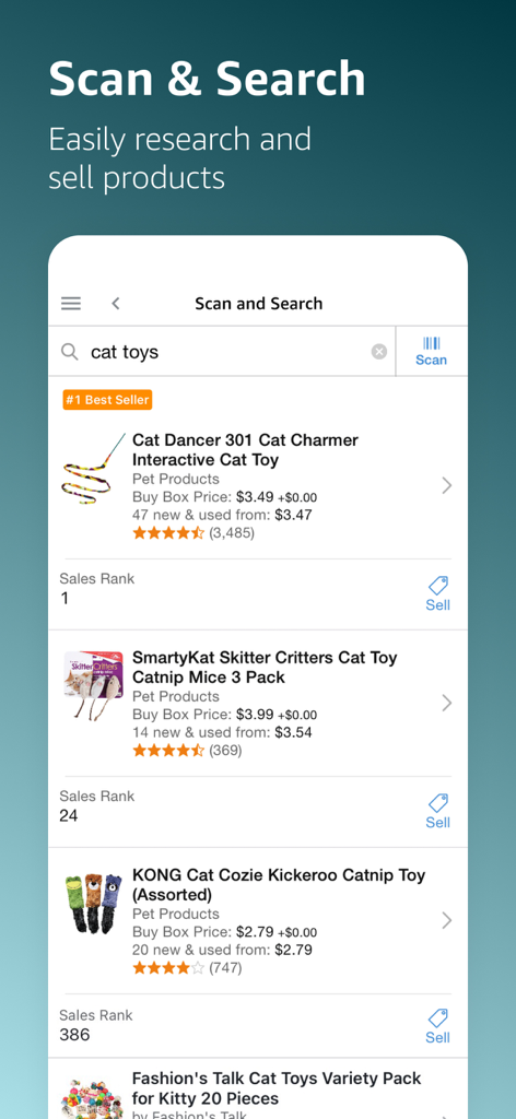 Interface of the Amazon Seller app showing product search results with sales rank and pricing data