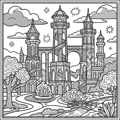 Immerse yourself in a vibrant Pop Art landscape with this captivating coloring page featuring majestic scenic park towers. Discover intricate details and bold patterns as you bring this unique architectural wonder to life with your favorite colors.