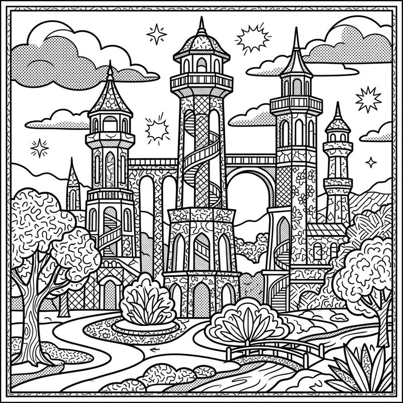 Immerse yourself in a vibrant Pop Art landscape with this captivating coloring page featuring majestic scenic park towers. Discover intricate details and bold patterns as you bring this unique architectural wonder to life with your favorite colors.