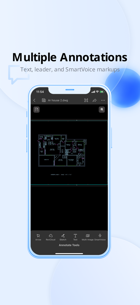 ZWCAD Mobile App Benutzeroberfläche mit Werkzeugen für Grundriss-Annotationen und Markierungen.