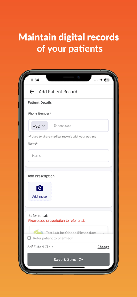 MyPractice by oladoc - Interface para adicionar registros de pacientes e prescrições no aplicativo móvel MyPractice by oladoc