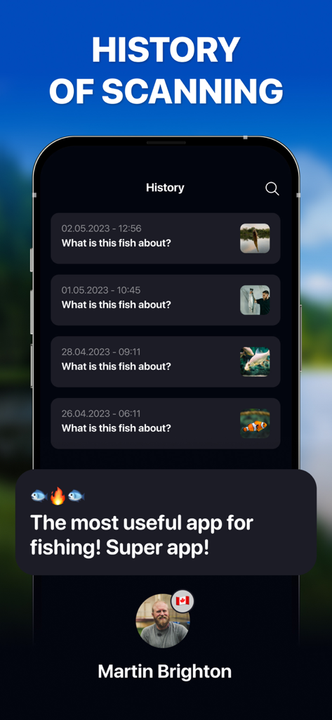 날짜와 썸네일이 있는 스캔된 물고기 기록을 보여주는 Fish id 앱의 인터페이스