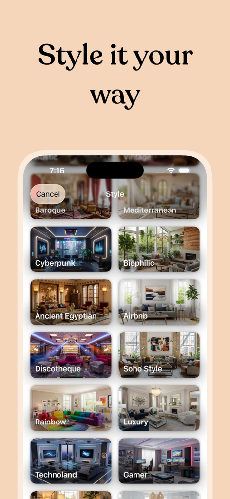 Uma tela de celular mostrando uma variedade de opções de estilo de design de interiores, incluindo Cyberpunk, Biofílico e Luxo, para reforma de casas com IA.