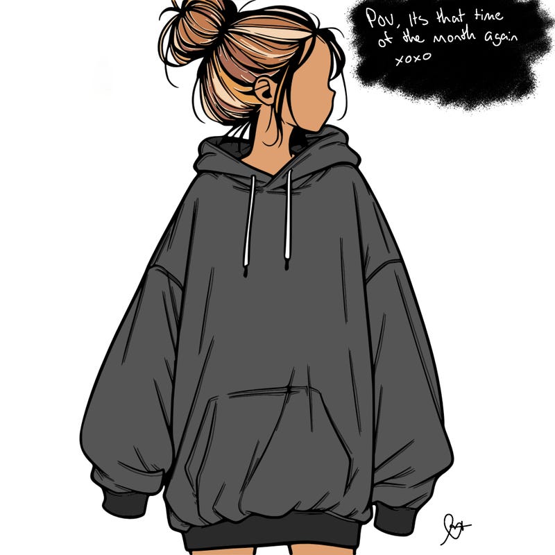 realistic girl with a oversized sweatshirt on and a bun