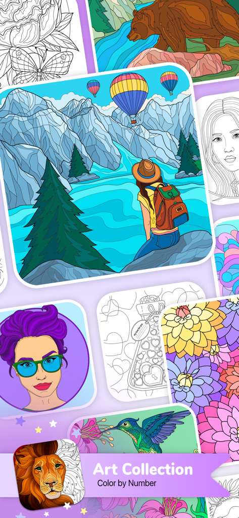 Art Collection Color by Number - Una exhibición de galería de varias categorías de coloreado que incluyen paisajes, animales y retratos de la aplicación Art Collection