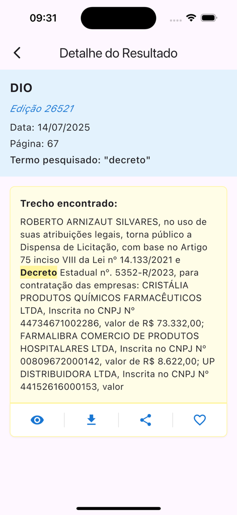 IOMAT - Detail view of a legal search result in the IOMAT app for the state gazette of Mato Grosso.