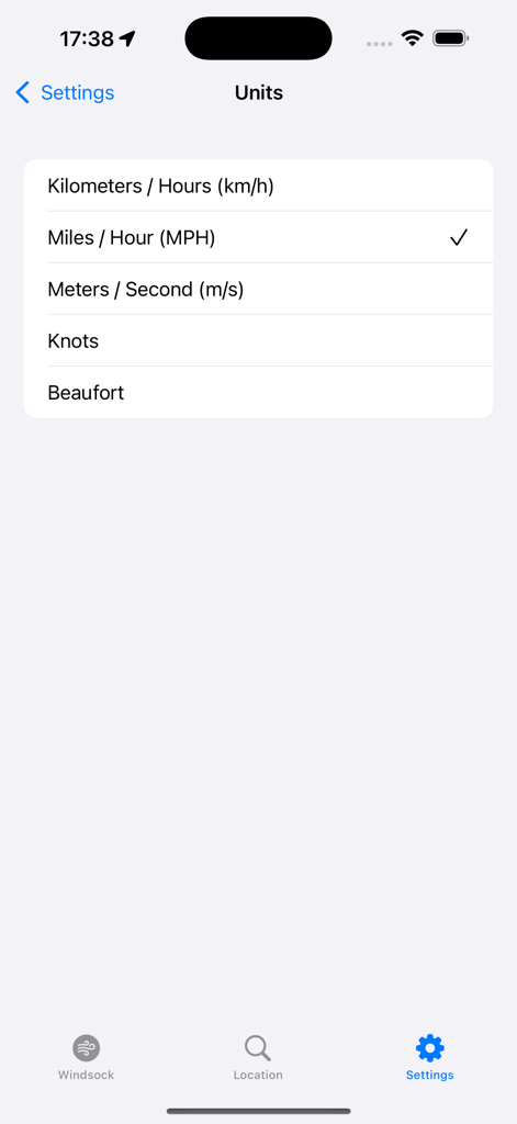 ノットやビューフォートスケールなどの風速単位を選択するための設定画面。