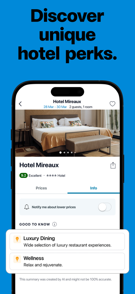 Trivago app interface displaying unique hotel perks and luxury amenities like dining and wellness.