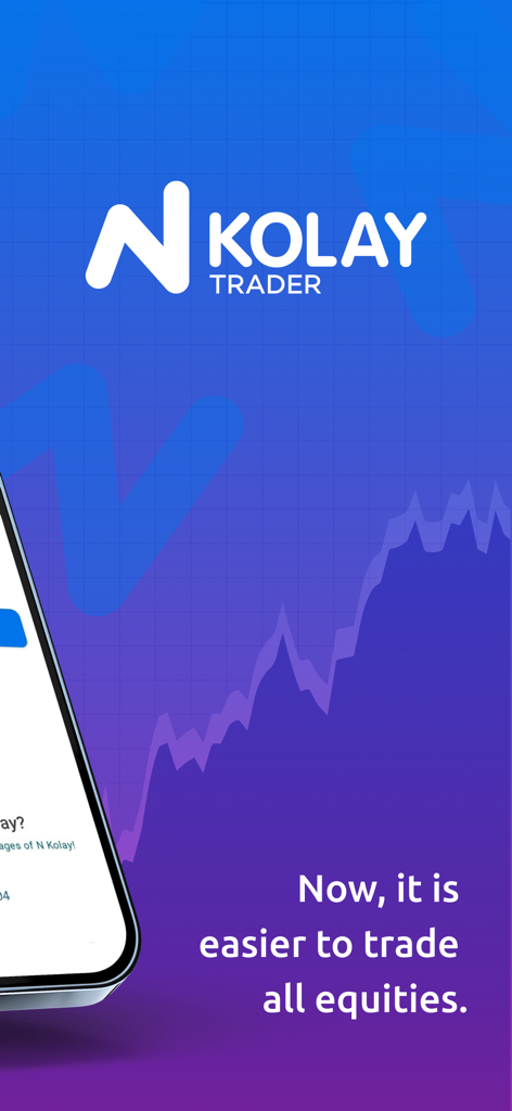 Splash screen dell'app N Kolay Trader con logo e testo sul trading di azioni