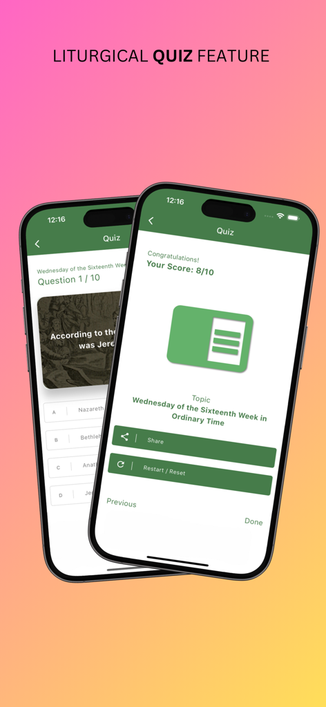 Catholic Daily Mass Reading - Screenshot of the liturgical quiz feature showing a completed quiz score and multiple choice questions in the Catholic Daily Mass Reading app.