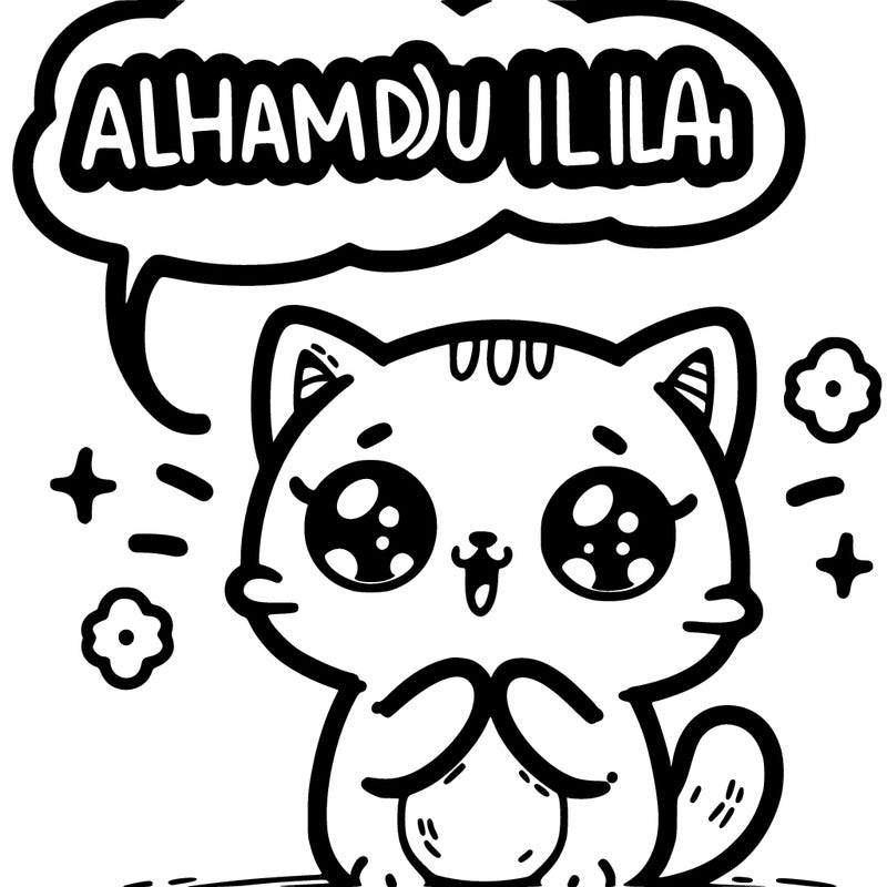 cute cat saying "alhamdu lillah" in a speach bubble