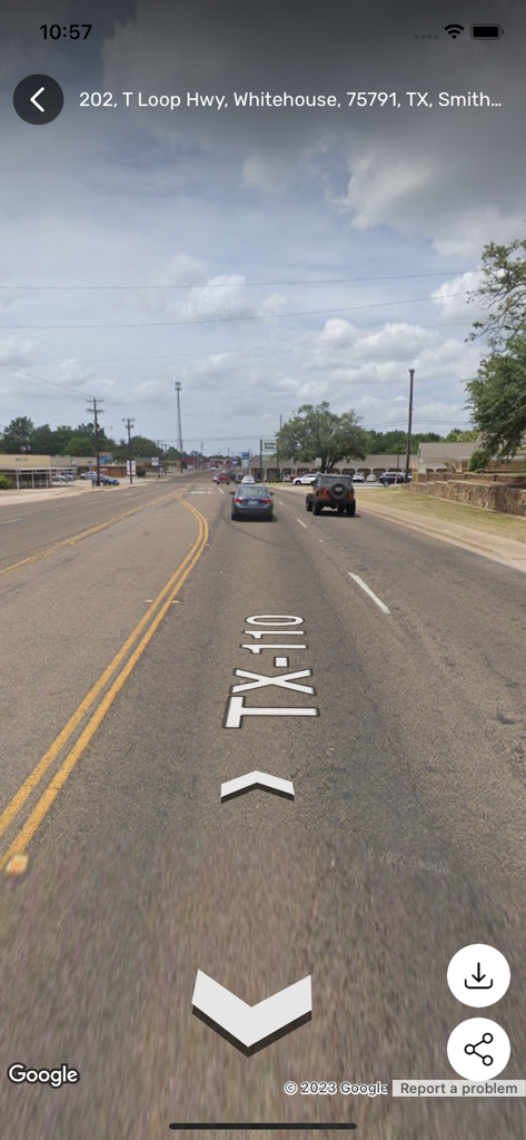 Street view navigation showing a 360 degree panoramic view of a highway in Texas