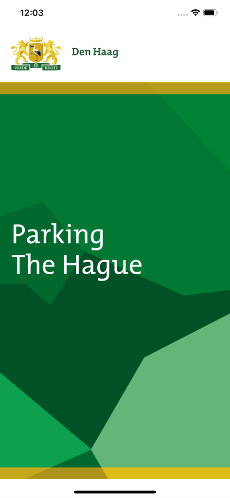 Startbildschirm der mobilen Anwendung Parking The Hague mit dem Stadtwappen und dem App-Titel