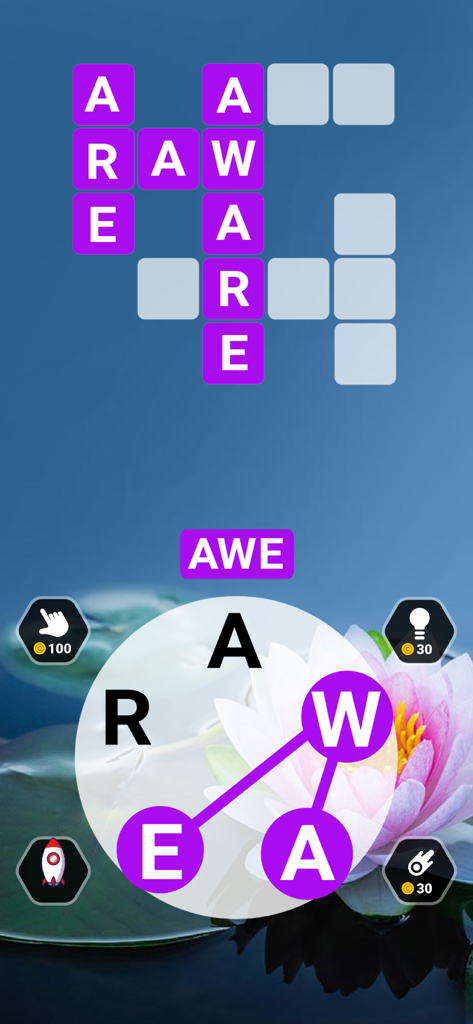 Word Galaxy Challenge - A word puzzle game interface featuring a crossword grid and a letter connection wheel set against a serene water lily background.